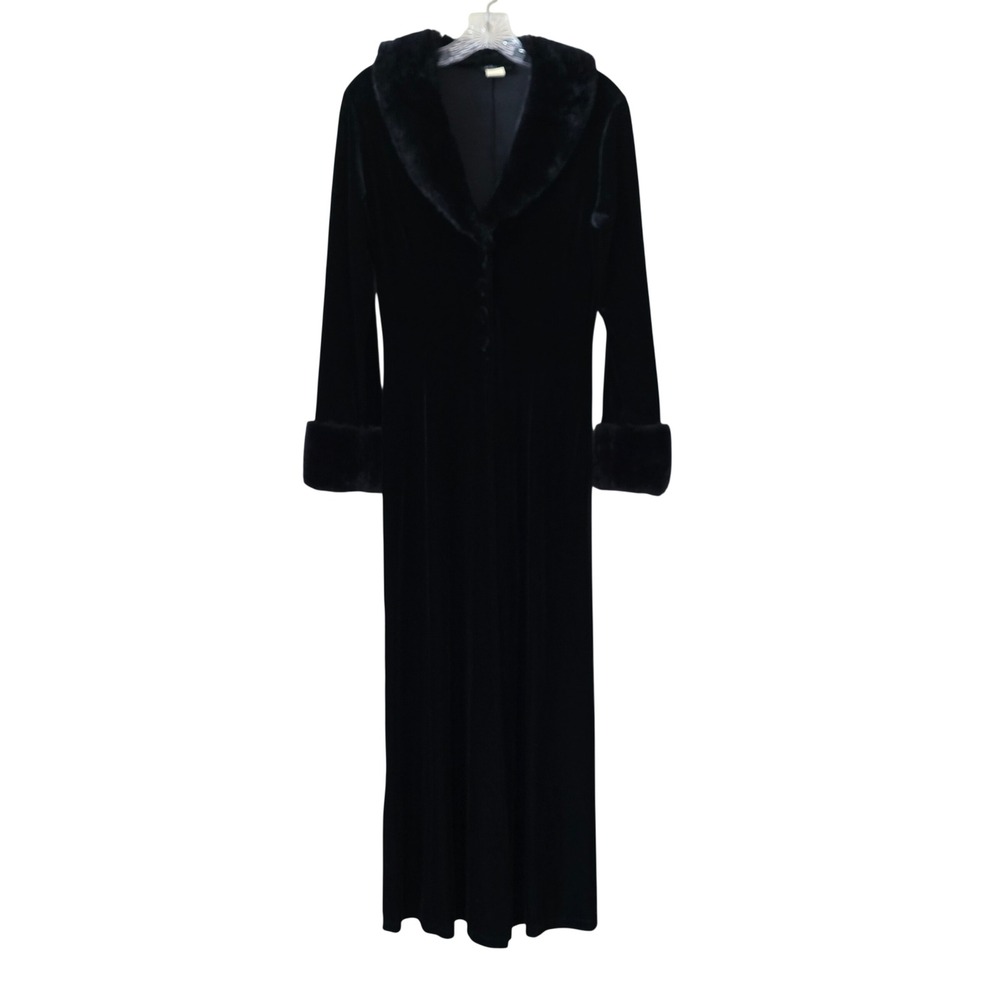 Vintage Black Velvet Maxi Robe Faux Fur Trim Collar Cuffs Button Front Longline